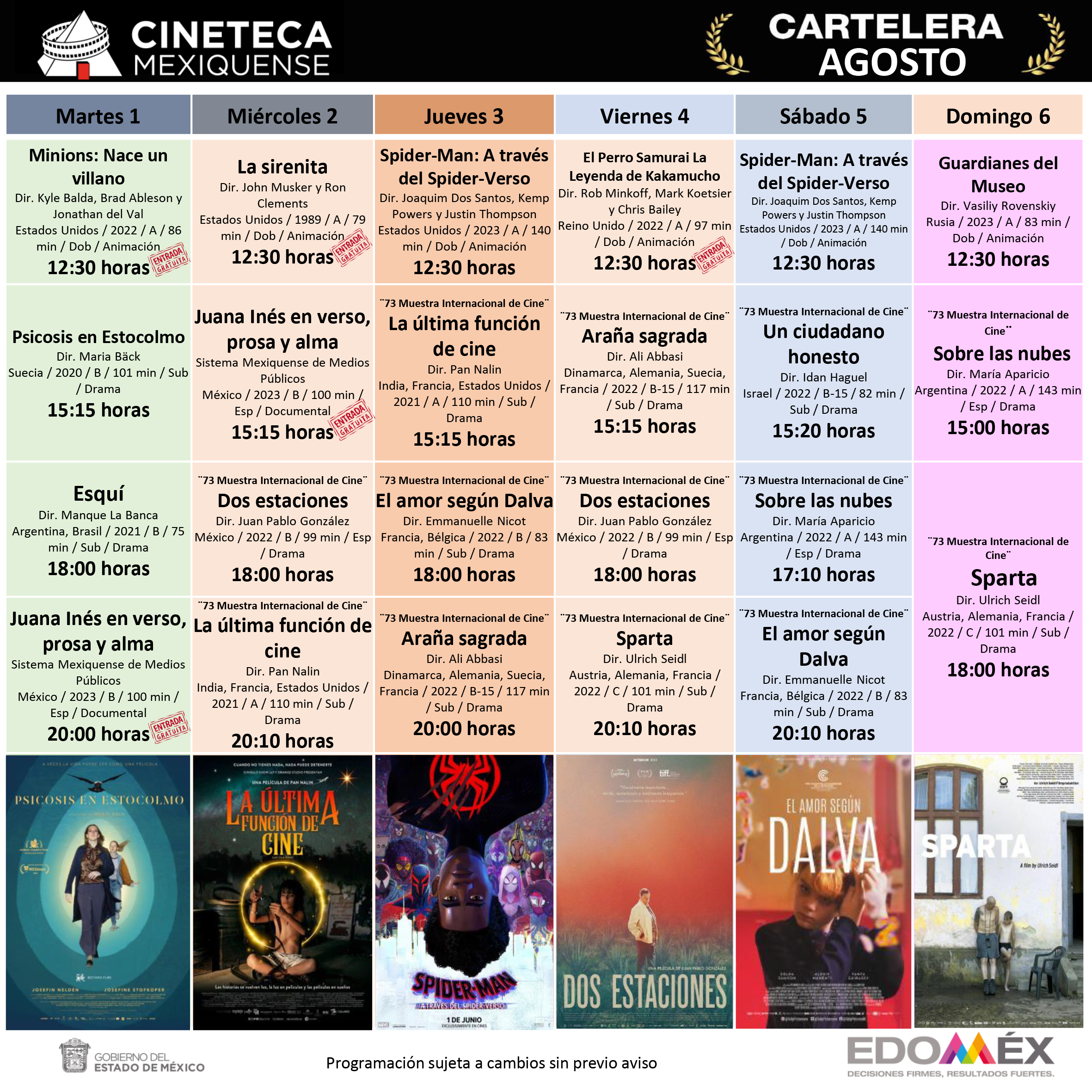 Cartelera de la Cineteca Mexiquense para la semana del 1 al 6 de agosto