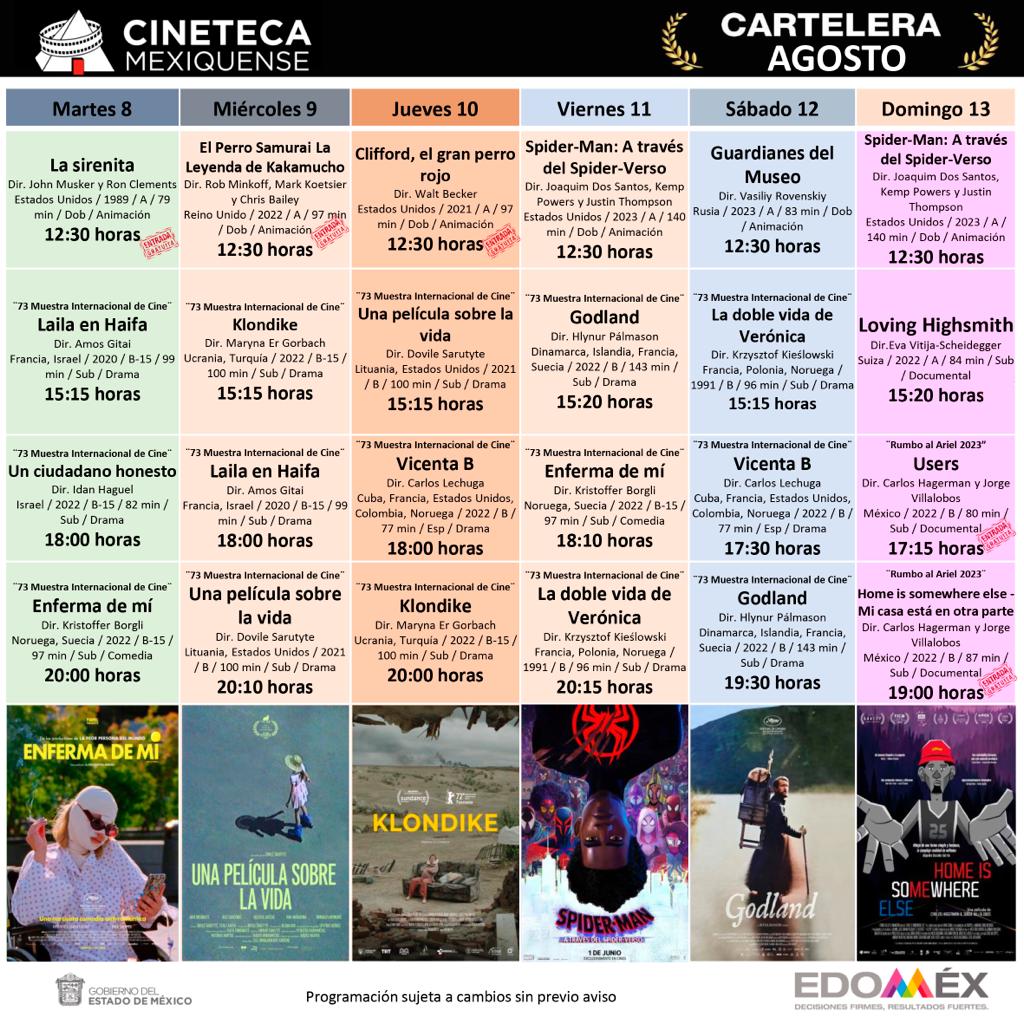 Cartelera de la Cineteca Mexiquense para la semana del 8 al 13 de agosto